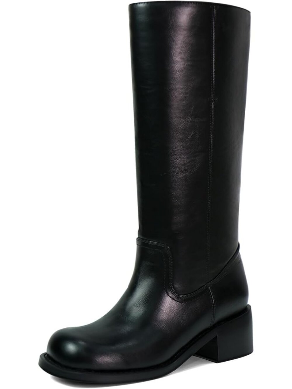 Women's Black Low Heel Square Toe Solid Chunky Block Heel Long Knee High Boot
